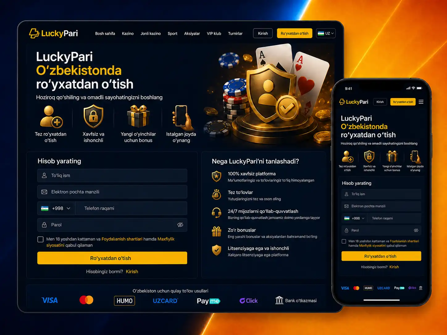 O'zbekistonda Luckypari ro'yxatdan o'tish va tizimga kirish