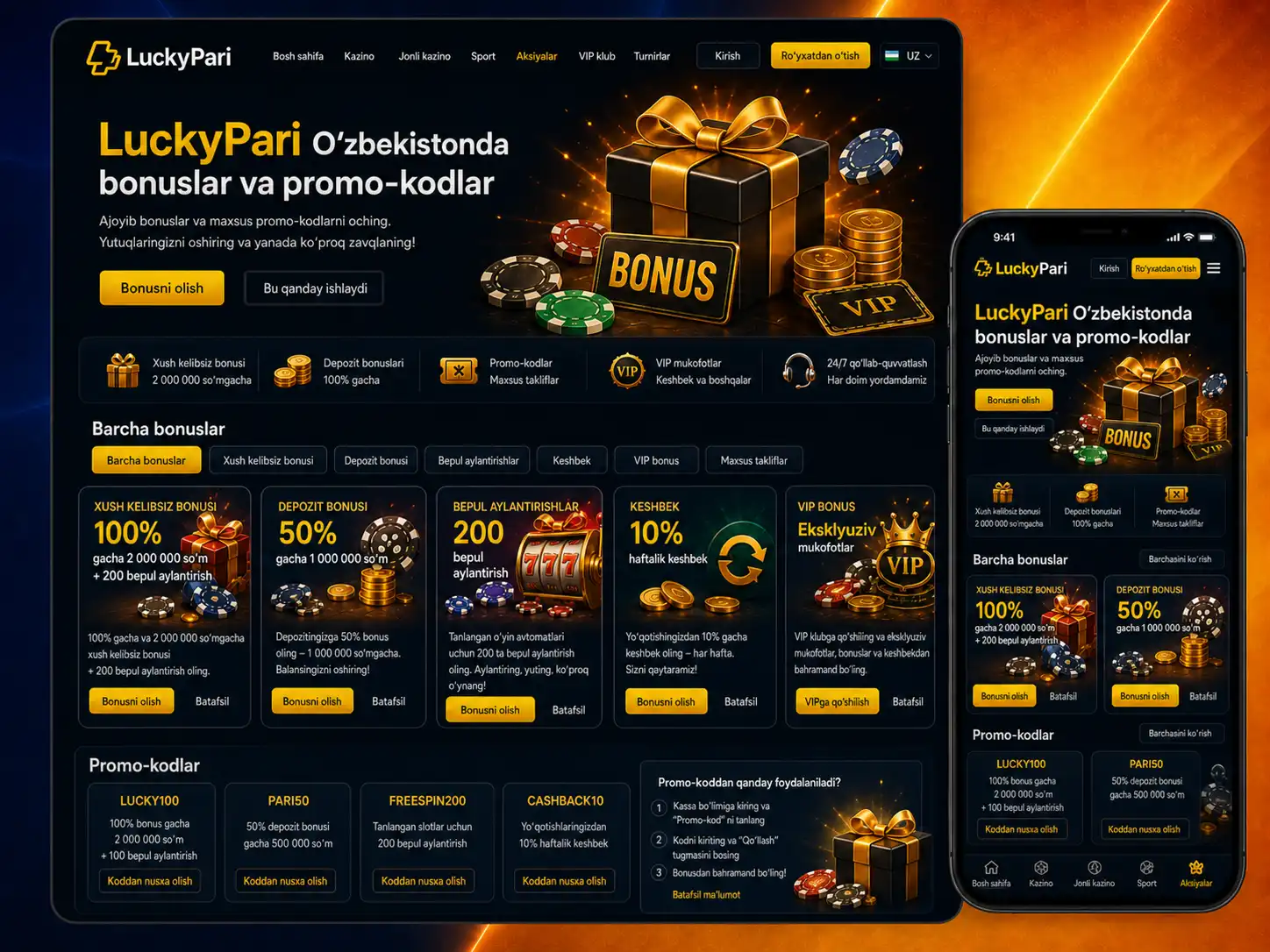 Bonuslar, promokodlar va aksiyalar